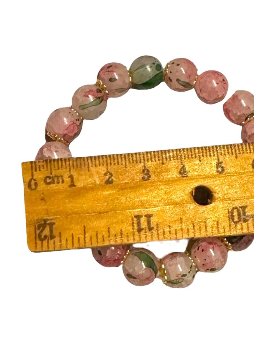 Crackled Glass Ombre Cherry Blossom Bracelet - Pink & Green Floral Stretch Brace - Picture 4 of 9